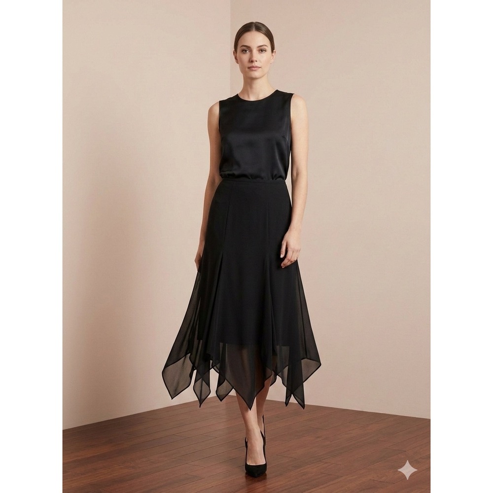 Dressbarn‎ Collection Black Handkerchief Hem Midi Skirt Side Zip Size 6